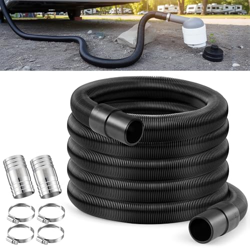 Feekoon 97521 RV Macerator Hose Kit Compatible with Thetford Sani-Con Turbo 400S/500S/600S/700 21FT 1-1/2inch RV Camper Sewage Waste Water Drain Hose with 4 Clamps and 2 Connect Fittings Black