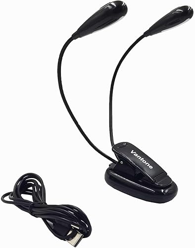 Luz de soporte de música, luces LED de libro con clip, doble cuello 6 LED alimentado por USB y batería AAA, luz de lectura portátil de noche,