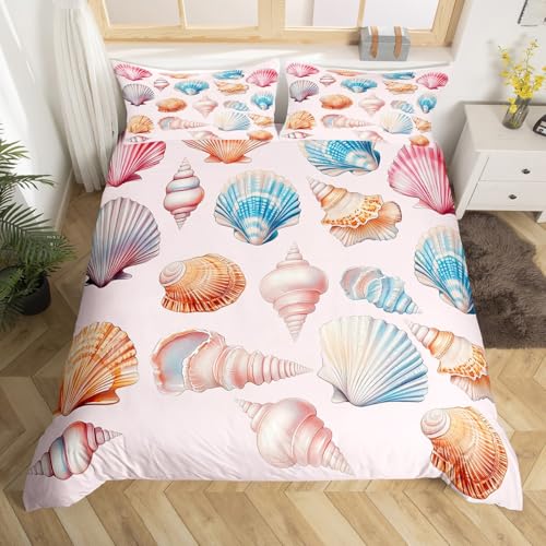 Summer Coastal Duvet Cover Toddler Size,Beach Conch Shell Hawaii Seaside Pink Bedding Set 2 Pcs for Boys Girls,Tropical Ocean Marine Life Dreamy Comforter Cover(No Filler)
