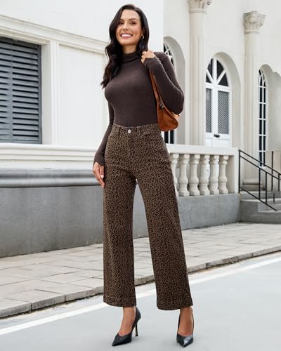luvamia Wide Leg Jeans Woman Trendy High Waisted Leopard Cheetah Print Ankle Length Stretchy Denim Pants with Pockets