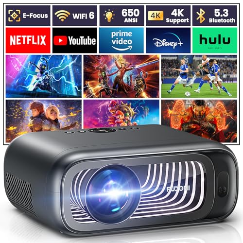 [Electric Focus/Auto Keystone] FUDONI Projector with WiFi 6 and Bluetooth Dual-way, Native 1080P 28000L 4K Support Outdoor Movie Projector Max 300'' Display, for iOS/Android/TV Stick/HDMI/US