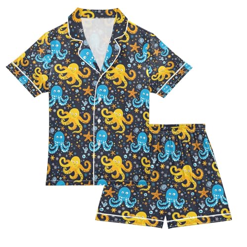 senya Starfish Octopus 1 Satin Summer Pajama Sets Silk Short Sleeve Button Down Sleepwear