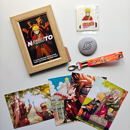 Image of TenorArts Naruto Gift Box Merchandise - 5x7 Inches Laminated Photo Frame,1 Naruto Keychain, 1 Badge, 4 4x6 inches Posters, 10 Multi sized Stickers - 5 items in 1 Box | Perfect for Gifting Anime Fans
