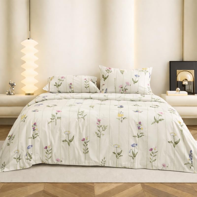 Image of Super King Size Bedsheet | Cotton Flat Sheet Skin Friendly with Two Pillow Covers| 300 TC | Super Soft Bed Sheet for Double Bed | Floral Design (272 x 272 cm, Soft Garden Cream)