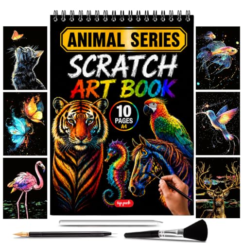 Image of Scratch Art Book for Adults - Animal Series, 10 Rainbow Art and Crafts for Adults | Adult scratch art & foil art for adults kit | stress relief scratch painting, screen-free travel craft | scratch art adult