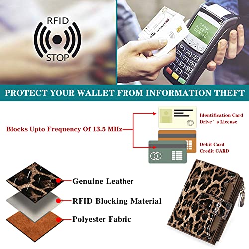 Image of GOIACII Leather Women's Wallet RFID Blocking Credit Card Holder Leopard | Compact, Small, Trifold Billfold with Zipper Coin Pocket, 4 ID Windows