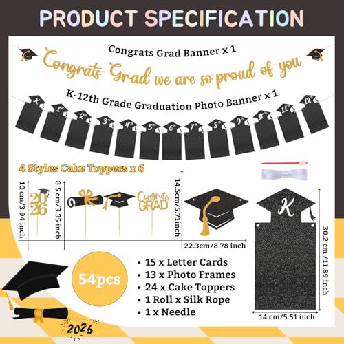 Image of Glitter Black Gold Graduation Photo Banner for 2026 Graduation Party Decorations Congrats Grad We are So Proud of You Banner Kindergarten to 12th Grade Picture Banner for 2026 High School Grad Congratulation Party Backdrop Decorations Photo Props