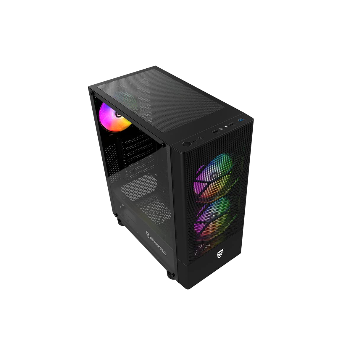 Nfortec - CAELUM Case per PC da gioco Mid Tower (ATX), 3x ventole ARGB da 120 mm incluse, rete frontale, vetro temperato laterale, nero