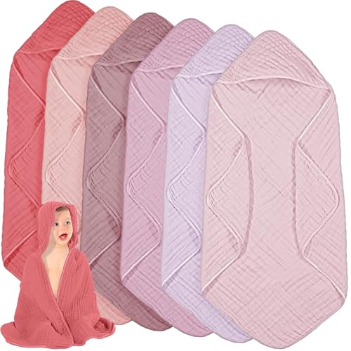 Image of Peryiter 4 Pcs Muslin Hooded Baby Towels 32 x 32 Inch Cotton Newborn Bath Essentials Muslin Infant Blankets Absorbent Registry Gifts for Girl Boy Kids Baby Shower (Purple Series)
