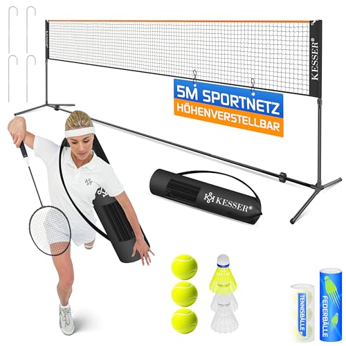 KESSER® Badmintonnetz Tennisnetz | Federballnetz 3-Fach-Höhenverstellbar 107/120/155cm, stabiles Gestell, Set mit Netz, 3X Federball & 3X Tennisball, Montagezubehör, Transporttasche, Indoor & Outdoor