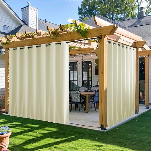 NICETOWN 2 Panels Outdoor Curtains for Patio Waterproof & Windproof, Extra Wide Grommet & Back Tab on Top & Bottom Thermal Insulated Sun Blocking Drapes with Rope for Gazebo, Beige, W100 x L