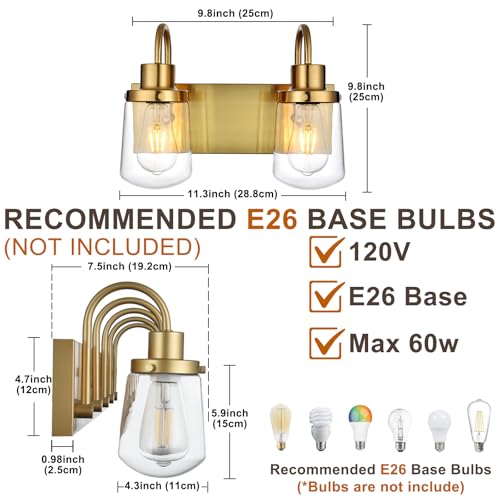 Image of Yaohong Gold Bathroom Light Fixtures, 2-Light Vintage Gold Vanity Lights, Industrial Wall Sconce with Clear Glass Shade Light Fixtures for Bathroom Above Mirror Kitchen Living Room Gallery