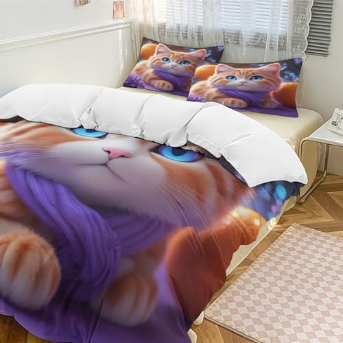 Parure de lit chat housse de couette double 200x200cm avec taies