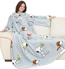 Idea Regalo - Kanguru Coperta con maniche Grigia Snoopy, soffice plaid in pile, Microfibra, con tasca centrale, 180x140cm, regalo donna, Hoodie per divano, letto, relax, Natale