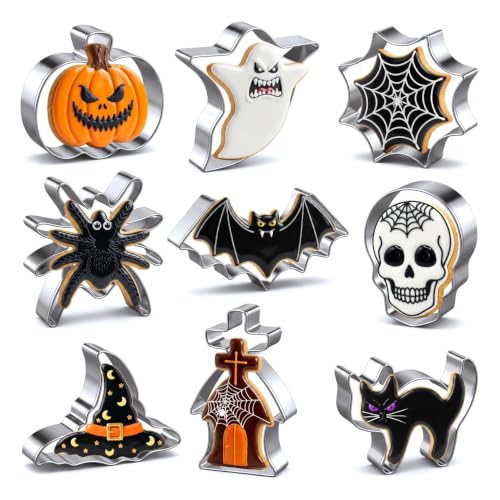 Halloween Cookie Cutters Set 9 Pieces, Metal Cookie Cutters Shapes - Bat, Ghost, Pumpkin, Cat, Witch's Hat, Spider, Spider Web, Skull, Tombstone, Stainless Steel Biscuit Molds for Party Decorations