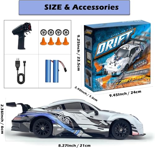 Image of Remote Control Drift Car for Kids and Adults, High Speed 4WD RC Racing Car with LED Lights, Rechargeable Battery and 2.4GHz Controller for Indoor Outdoor Play (White)