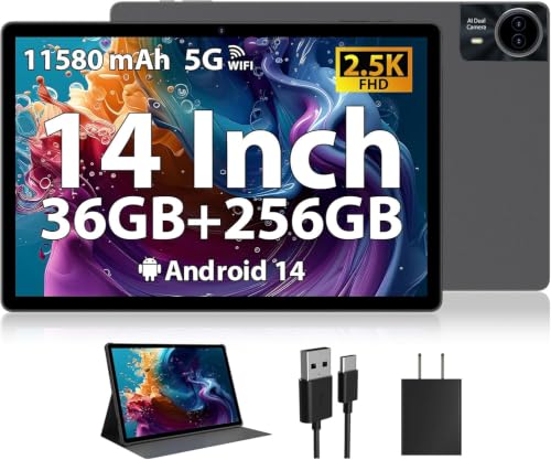 Image of 2026 Premium 14 inch Android Tablet: 2.5K IPS Display 36GB RAM 256GB ROM 1TB Expand | 8-Core 2.0HZ MT6769 Mali-G57 11580mAh Battery| 5G /2.4G WiFi Quad Box Speakers 8+13MP for Work Gaming Study - Gray