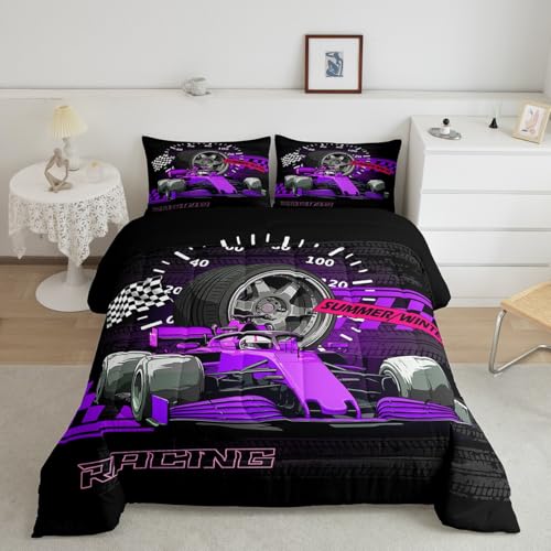 Image of Feelyou Kids Purple Racing Car Duvet Insert Queen Size, Extreme Sports Comforter Set Boys Girls Karting Road Bedding Set Teens Bedroom Decor Bed Set 3Pcs