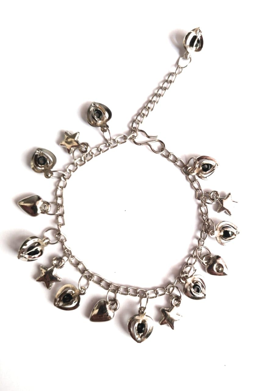 Jyokrish Handmade Metal Silver Hanging Star with heart Chain Bracelet for Girls |Women | Free Size |Star design |pack of 1|chain Bracelet |Workwear |Black Alloy silver