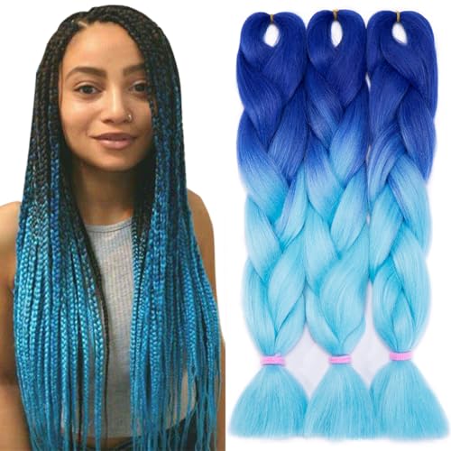 TESS Braids Extensions Blau 60 cm, Jumbo Braids Kunsthaar Zum Einflechten Box Braids Haarverlängerung Zopf 100g/Bündel Haar Braids Extension (1 Stück-Ombre Blau)