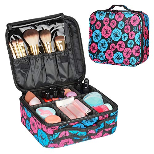JessLab Cosmetics Case, Zip Cosmetic Makeup Bag Portable Travel Box Makeup Organizer Bag Storage Vanity with Adjustable Compartments and Top Handle for Skincare Jewelry Toiletries, Rose