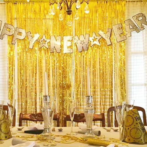 CC wonderland zone Silvester Gold Glitzer Lametta Vorhänge(1m x 2.5m),2 Stück Metallic Folienvorhänge Tinsel Curtain für Party Dekoration