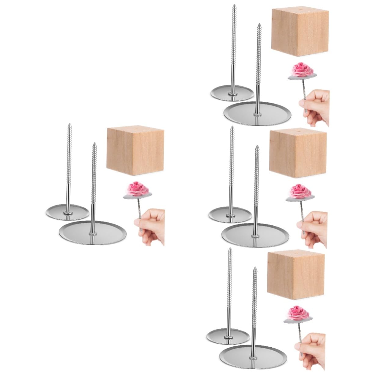 4juegos Herramientas para Decoración De Pasteles Clavos De Flores De Inoxidable y Base De Madera Kit para Icing Flowers y Decoración De Tartas para Principiantes