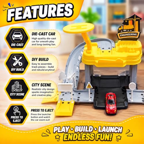 Image of WISHKEY Car Launcher Toys for Kids Parking Lot Toy for Kids 3+ Years, DIY Engineering Garage Playset with Die-Cast Car, Building Track, Launcher, Pretend Play Activity, Birthday Gift for Boys Yellow