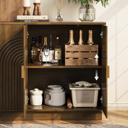 Fluted Sideboard Buffet Cabinet with Storage - 57" Credenza Coffee Bar Cabinet with 4 Doors, Accent Kitchen Storage Cabinets with Adjustable Shelves for Living Room & Kitchen, Entryway, Walnut - Image 6