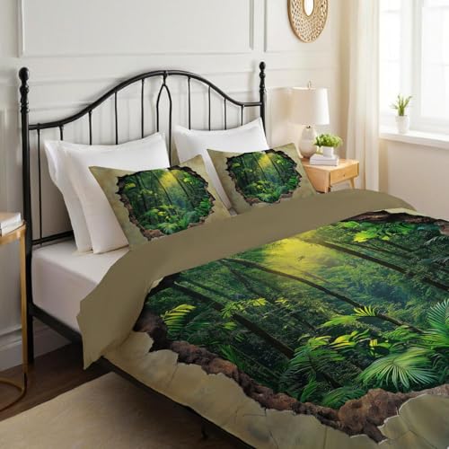 Housse de couette effet trou mural 3D parure lit marron jungle