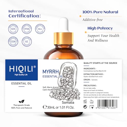 Image of HIQILI Myrrh Essential Oil, for Skin, Massage, 100% Pure & Natural - 1.01 Fl Oz