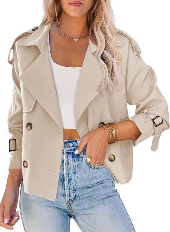 utcoco Women's Cropped Trench Coat Double-Breasted Short Trench Jacket Notch Long Sleeve Fall Outfit