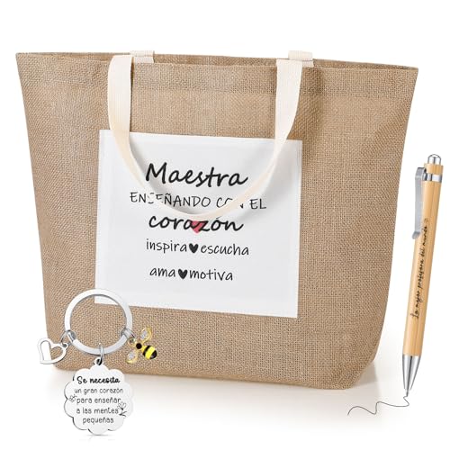 Xuniea Set de 3 Piezas Regalo de Agradecimiento para Maestros para el Día del Maestro Incluye Bolsa de Lona ​​Llavero de Abeja y Bolígrafo de Madera para Profesores