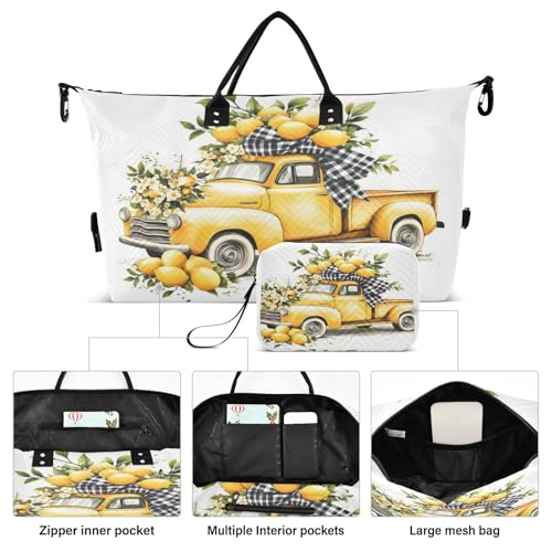 Travel Gym Bag, Lemon Yellow Old Fashioned Truck Weekender Overnight Duffle for Women with Toiletry Bag Travel Swim2