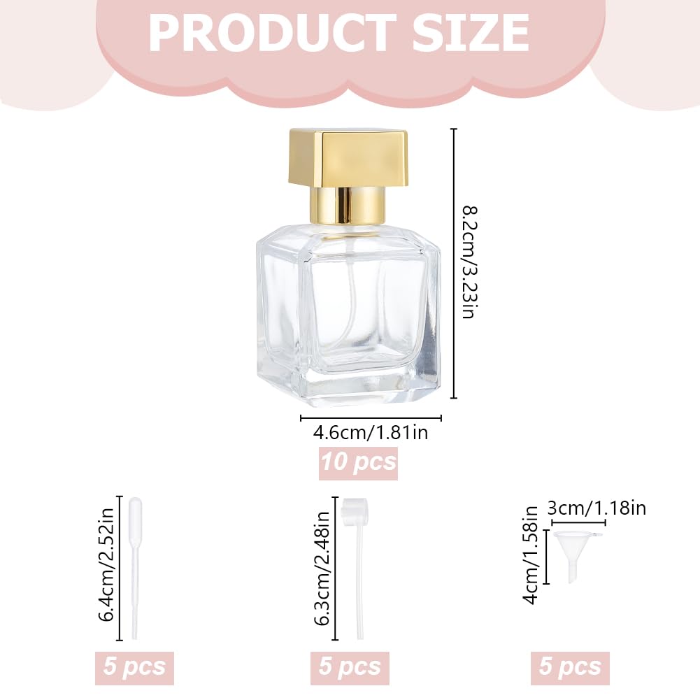 WEBEEDY Confezione da 10 flaconi spray in vetro da 50 ml, ricaricabili per profumo, da viaggio, con 15 pezzi, 3 tipi di dispenser oro trasparente, vuoto, per viaggi all'aperto, Natale