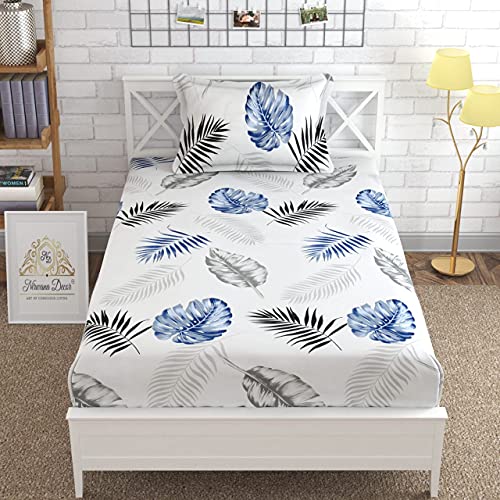Image of Microfiber Fitzy 280 TC Fitted bedsheet Single Size, Elastic bedsheet,36x78 inches + 10 inches Drop, with 1 Pillow Cover (Blue Flowers, 36 inch x 78 inch)