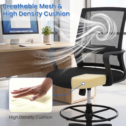 Image of BestOffice Drafting Chair Tall Office Chair Adjustable Swivel Rolling Mesh Height with Lumbar Support Arms Footrest Mid Back for Adults Standing Desk Drafting Stool(Dark Black)