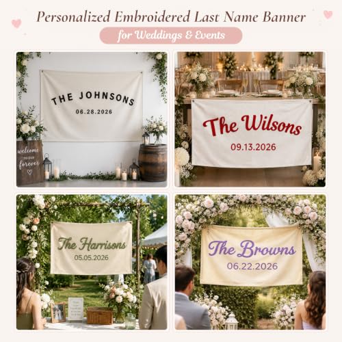Image of Personalized Wedding Banner with Custom Last Name and Date, Canvas Custom Guest Book with Hand Embroidered Wall Hanging, Reception Decor, Bridal Shower Decoration, Keepsake Gift for Couples