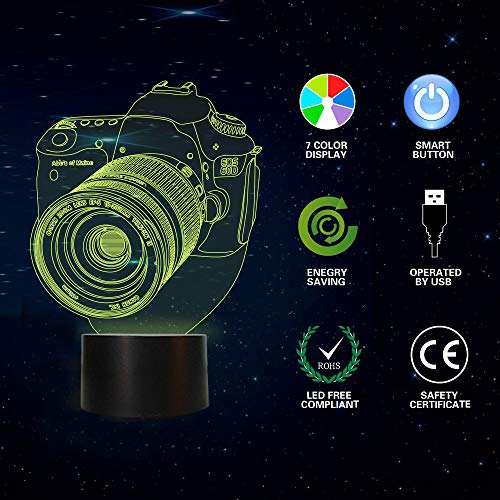 Camera Illusion 3D Night Light Bedside Lamp Car 7 Colors Changing with Touch Control Best Birthday Gifts for Child Baby Boy and Girl