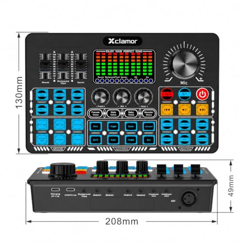 Image of Xclamor 48V Phantom Power Professional Sound Card & Audio Mixer for Live Streaming & Home Recording Studio with BT, 4 Voice Change Modes, DeNoise, 2 Condenser Mic Inputs, Output PC & Dual Mobile