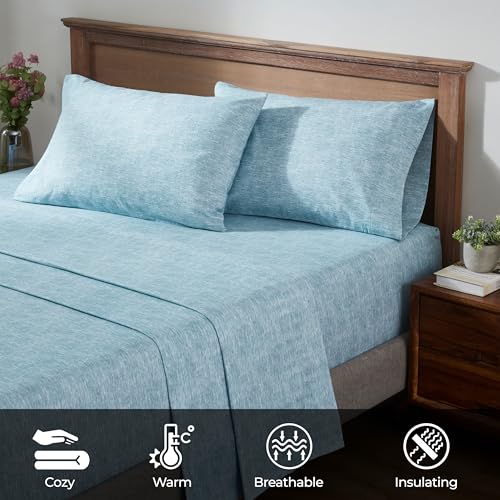 Image of Superior Melange Flannel Cotton Sheet Set, Ultra-Soft Brushed Sheets, Modern, Farmhouse Bedding, Basics, Includes; Flat Sheet, Elastic Deep Pocket Fitted Sheet, Pillowcases, Full, Washed Blue