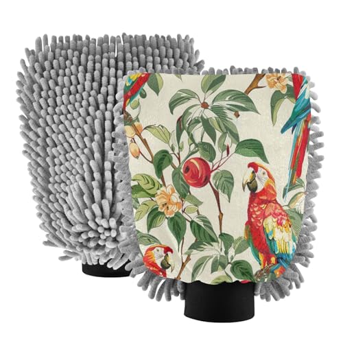 ALAZA Vintage Parrot Flower Car Wash Mitt Scratch Free, 2 Pack Absorbent Microfiber/Chenille Washing & Drying Mitts, M