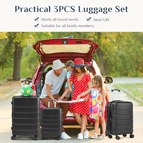 Image of OLIXIS 3-Piece Suitcase Set, Hardside Luggages with Spinner Wheels, Lightweight ABS Hard Shell Travel Luggage, Expandable Carry-On Suitcase with TSA Approved Lock-Black, 20 /24 /28 Inch