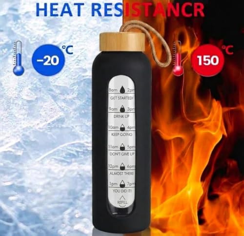 Image of Glass Water Bottle 1 Ltr with Silicone Sleeve, Borosilicate Glass, Leak-Proof Bamboo Lid, BPA-Free, Reusable, Time Marker for Gym, Office, Travel & Home (Black) (Black)