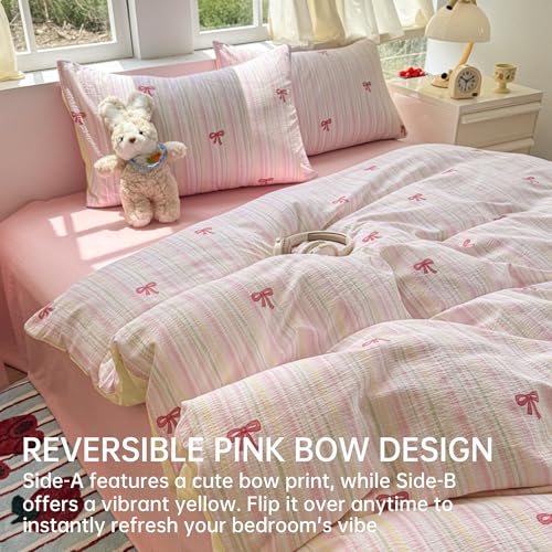 Image of BOLINLIVING Pink Bow Duvet Cover Full Size,Girls Kids Cute Striped Bowknot Yellow Duvet Cover with Pillowcase, Soft Microfiber Bedding Set for All Season with Zipper Closure and 8 Corner Ties