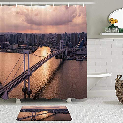 FAKAINU Shower Curtain Sets with Non-Slip Rugs,Photography Skyline Aerial Urban Drone Rainbow Travel