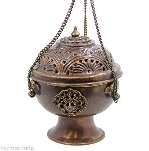 dharmaobjects tibetano colgante quemador de incienso ~ cobre w/tibetano símbolos ~ 5,25 "alta Cover