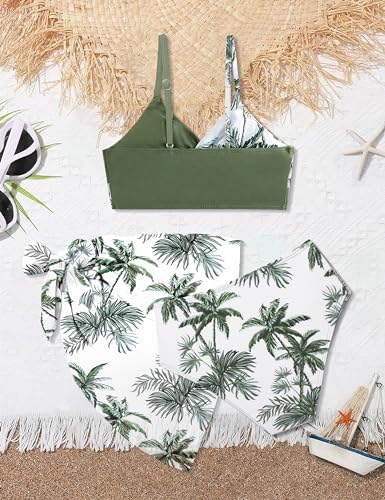 Image of Girls Swimsuit, Bathing Suits 3 Piece Tropical Floral Twist Cross Bikini Sets Girls' Swimwear with Cover Up Skirt 7-16T