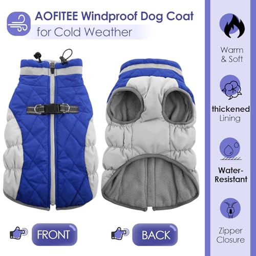 Image of AOFITEE Dog Coat, Warm Dog Jackets for Small Dogs, Dogs Winter Coat with Harness Built in, Reflective Pet Winter Jacket, Waterproof Windproof Puppy Puffer Jacket Fleece Vest, Blue XS