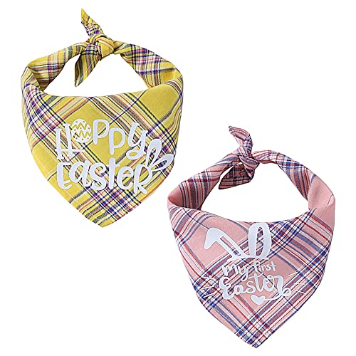 NACOCO Hunde-Lätzchen für Ostern, 2 Stück, Welpen-Bandanas mit Karomuster, weich, Geburtstagsgeschenk, waschbar, Baumwolle, bequem, gelb, rosa, quadratisch, verstellbar, für den täglichen Gebrauch Cover